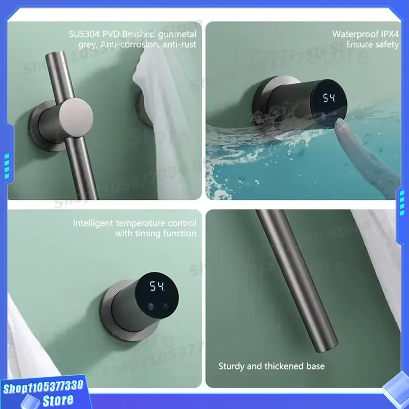 304 Stainless Steel Electric Towel Rack Matte Black Vertical 80.5cm Hidden Wall Mounted 3 Round Bars Bathroom Heating Rail