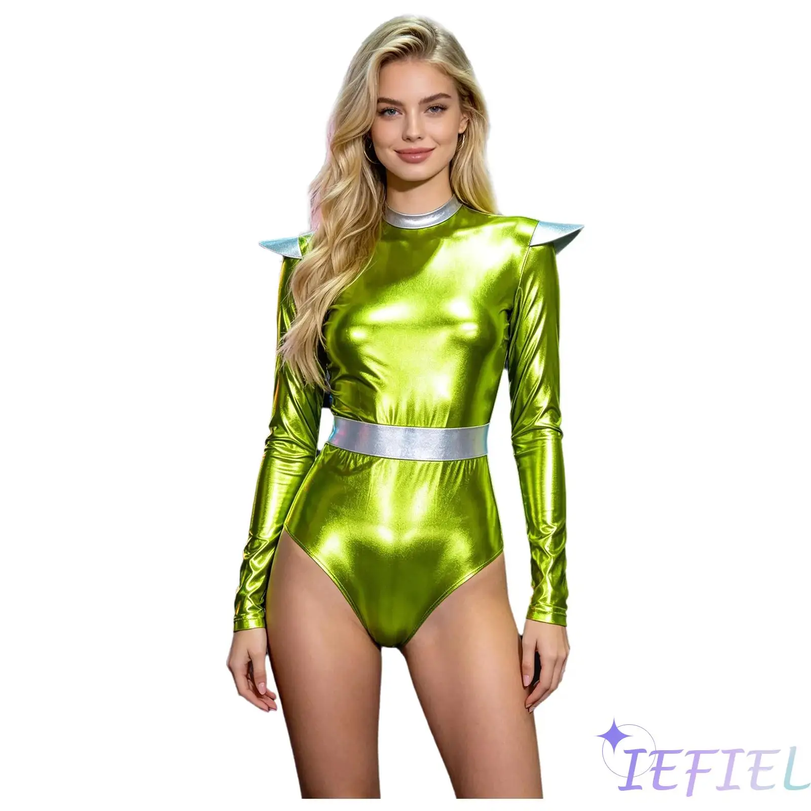 

Women Metallic Color Block Alien Bodysuit Mock Neck Long Sleeve Back Zipper Leotard for Halloween Stage Performance Costume