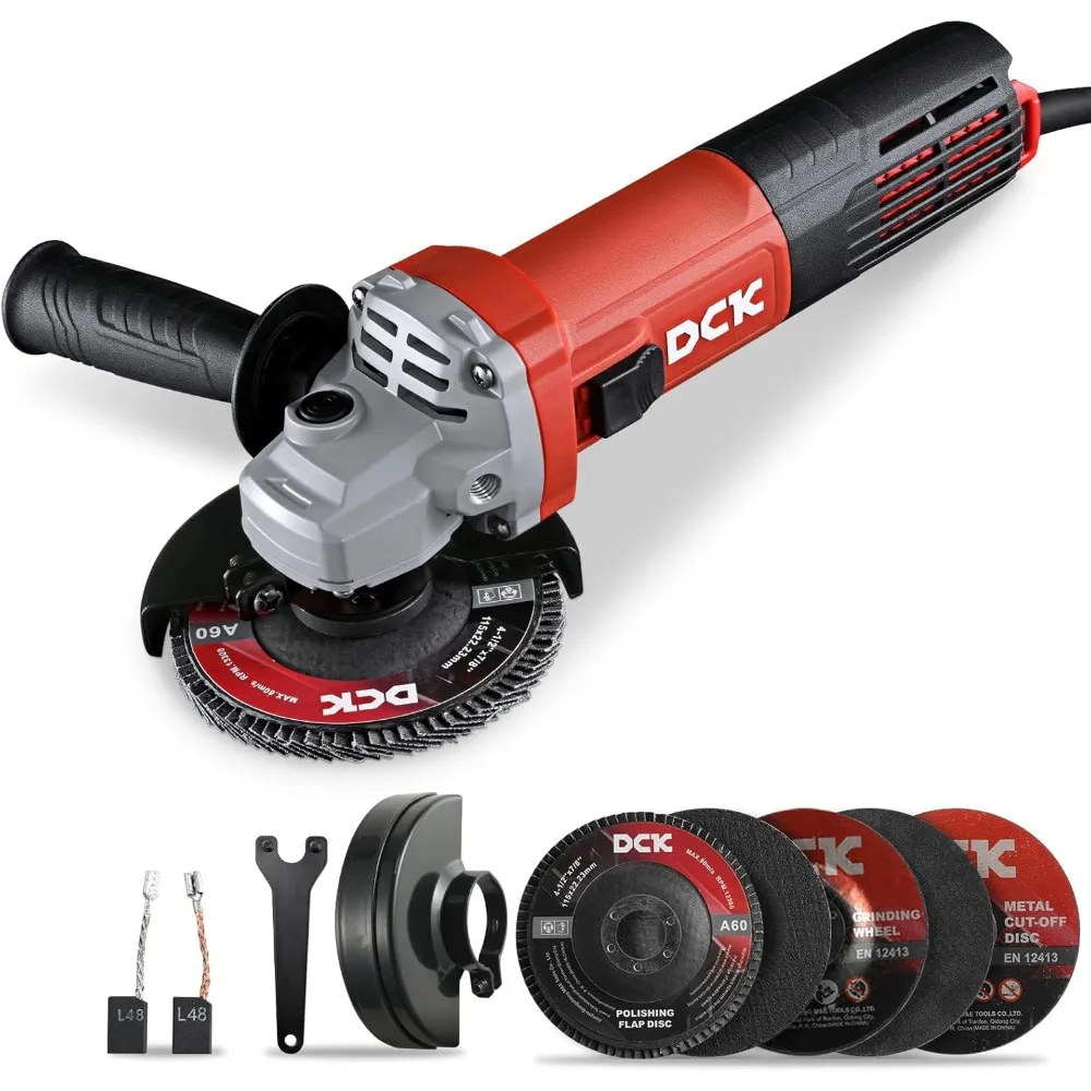0.9 Amp Angle Grinder, 4-1/2 Inch Electric Grinder Power Tool, 11800 RPM, Auxiliary Handle and 2 Safety Guards, 6 Piece Discs, C