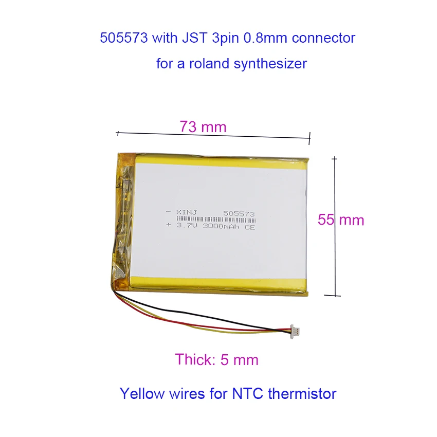 3.7V 3000mAh 11.1Wh Li-Polymer Rechargeable Li Lithium-ion Battery 505573 JST 3Pin 0.8mm Connector For a roland synthesizer