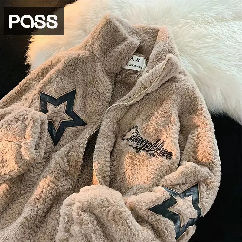 American retro pentagram embroidery fuzzy couple loose ins wind thickening cotton-padded jacket winter coat jaqueta feminina