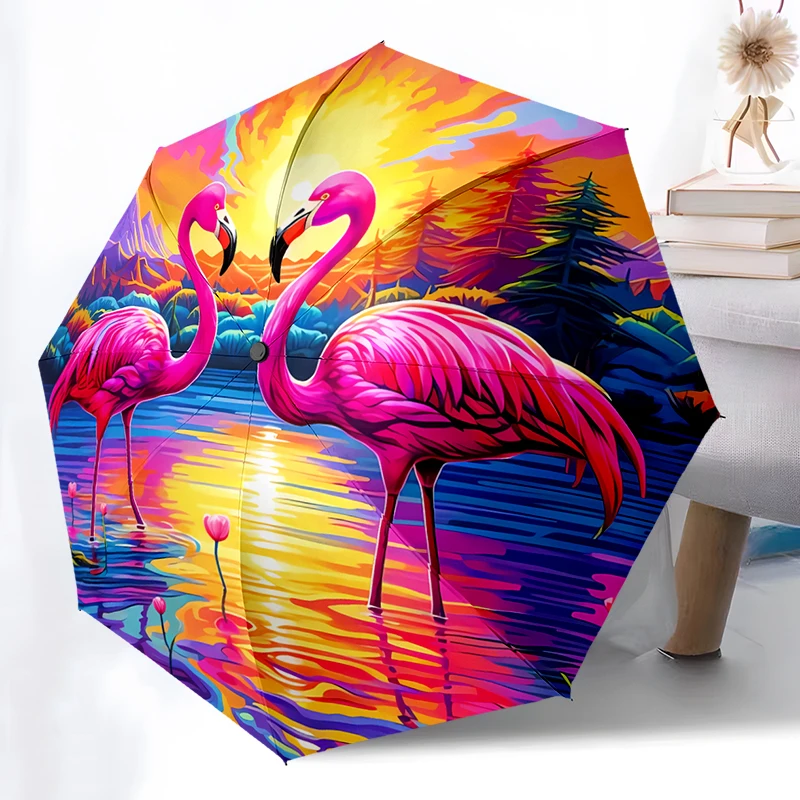 Flamingo Folding Umbrella - Fashionable Auto-Open Design 8 Iron Ribs Plastic Handle Foldable Sunshade Perfect Christmas Gifts