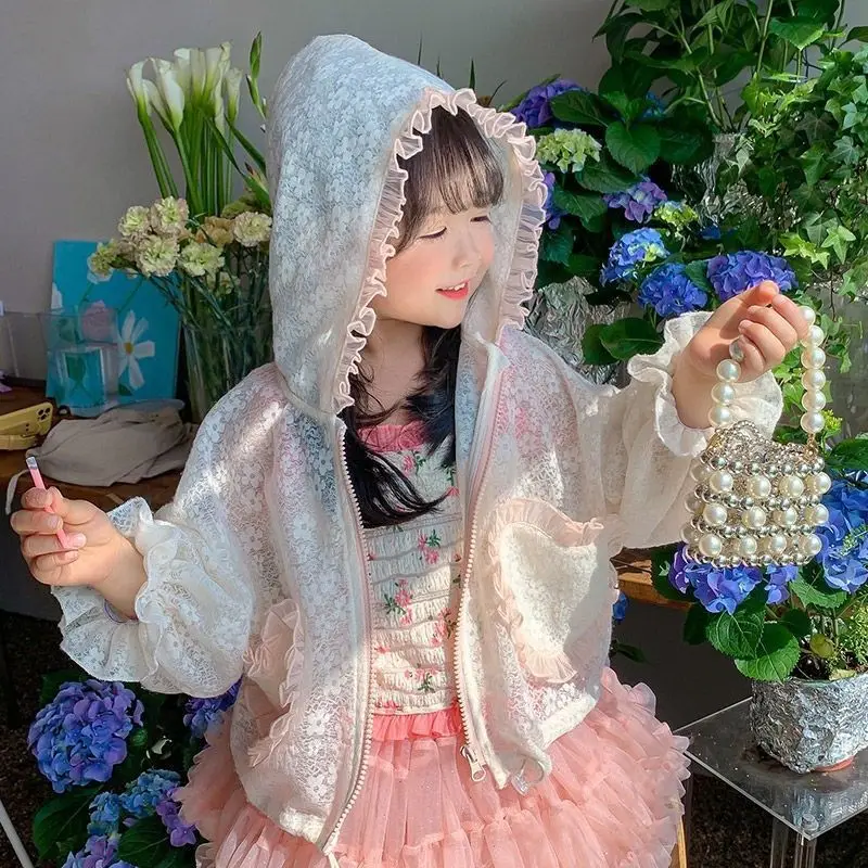 

Summer Baby Girls Drawstring Coats Fashion Lightweight Floral Lovely Hooded Full Zip Kids Sun Suit Top Jackets For 1-10 Years