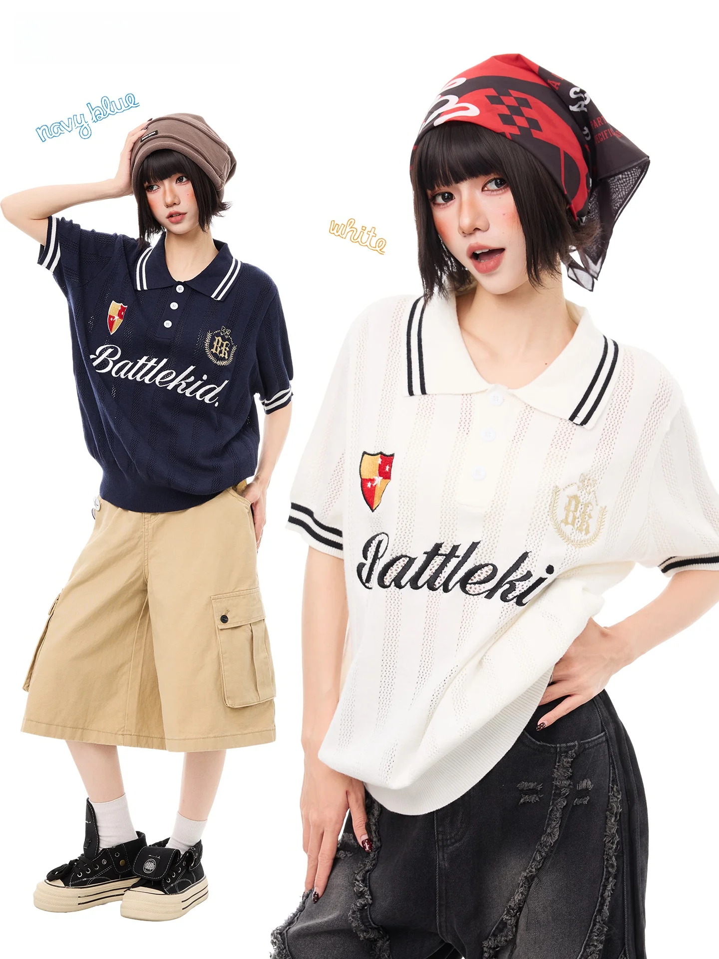 

K787 American Retro Hollow Embroidery Short Sleeve Shirt Men Women Breathable Sporty T-Shirt Youth Summer Casual Tee