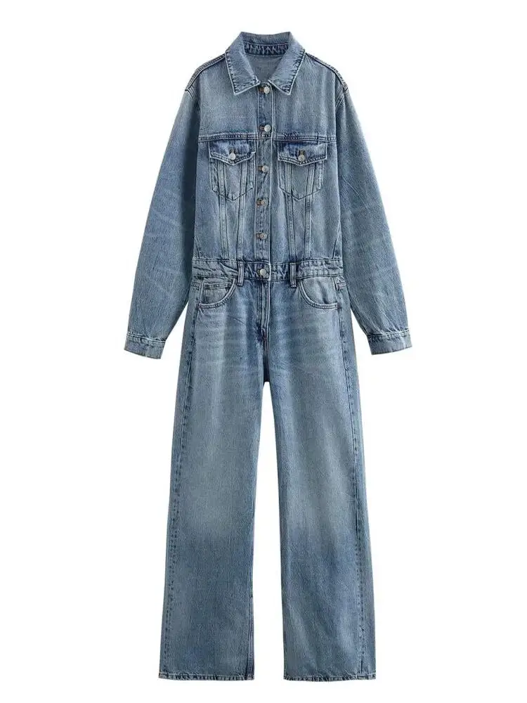 

Модный повседневный джинсовый комбинезон с прямыми штанинами для женщин, с высокой талией, свободного кроя, весна 2024