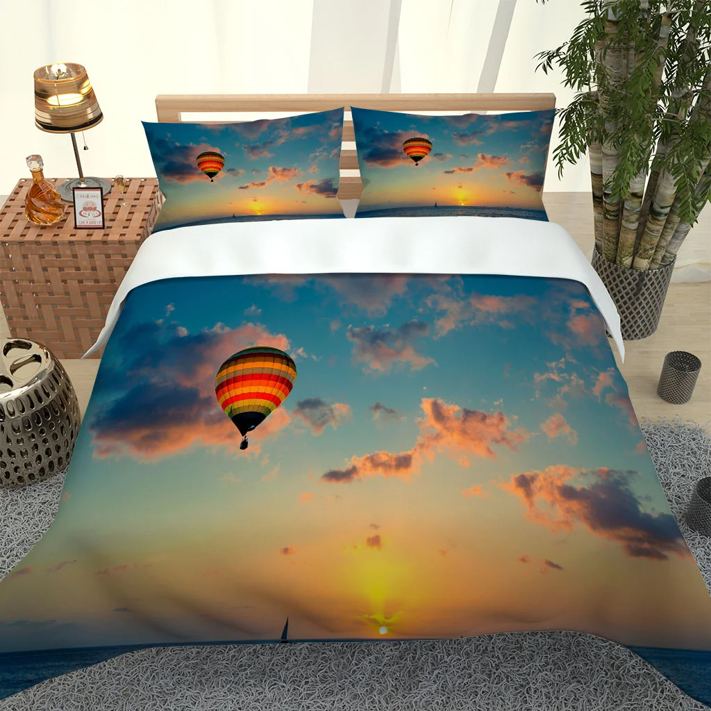 HUANZHUANG 3D Red Evening Sunset Hot Air Balloon Duvet Covers Twin Size Soft Microfiber Bedding Set with 2 Pillowcase Duvet Cove