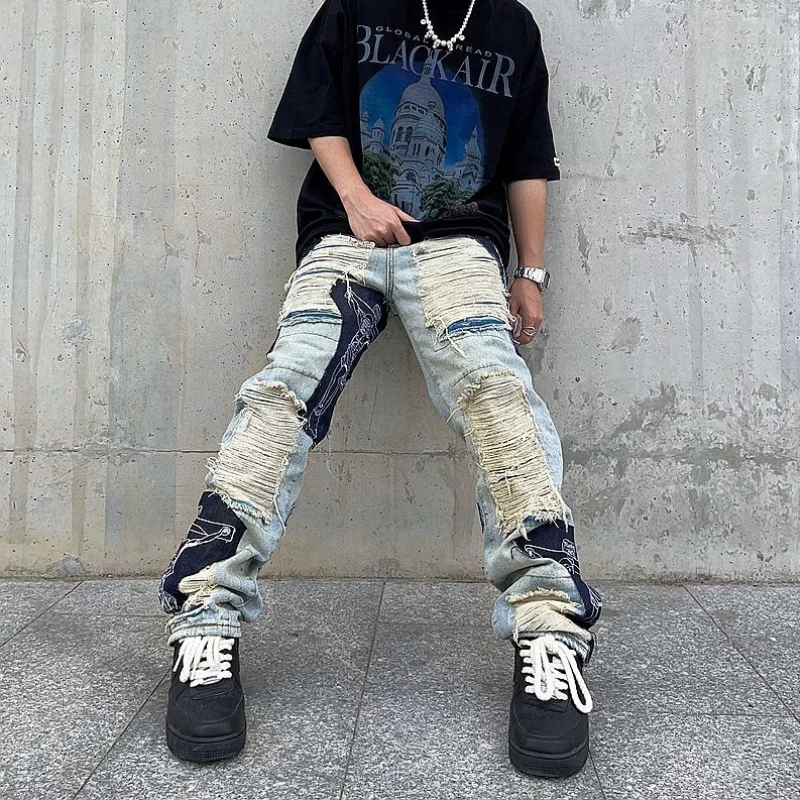 Spring Y2K Men's Vintage Ripped Jeans Clothes Fashion Denim Trousers Cross Splicing Streetwear Straight Baggy Pants For Men