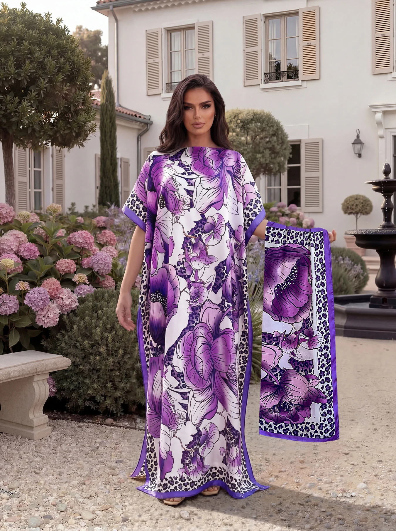 Conjunto de Abaya y Bufanda de Satén con Estampado Floral Tropical y de Leopardo, Kaftán Maxi Holgado con Mangas Murciélago para Mujeres Musulmanas, Ropa de Verano para Vacaciones en la Playa