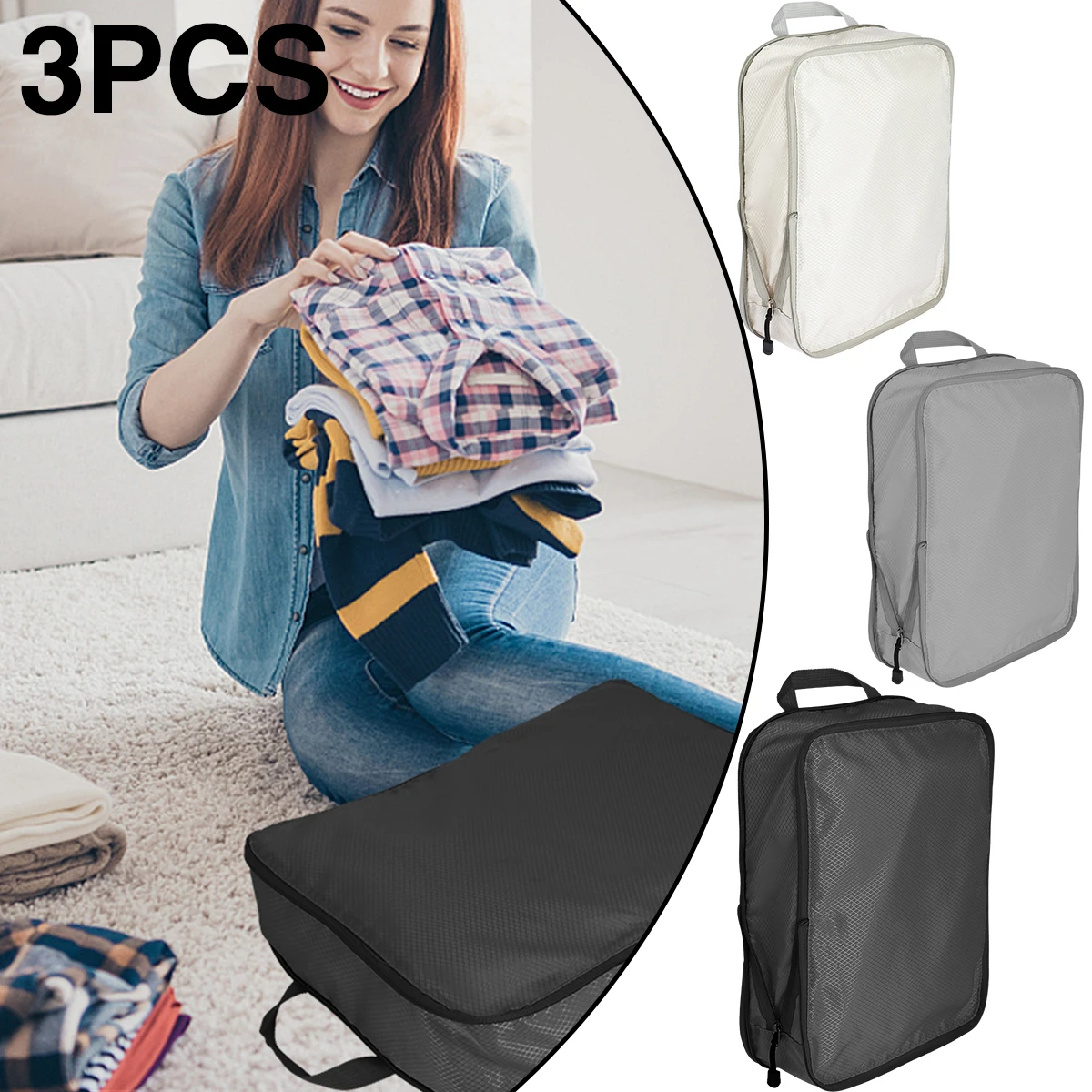 

3Pcs Compression Packing Bag 3 Sizes Lightweight Travel Packing Organizer Set Portable Luggage Organizer Bag with 2 Way Zipper