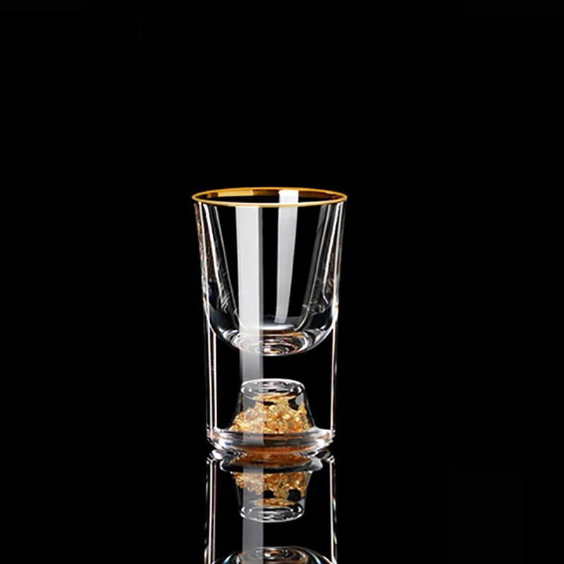 Luxury Crystal Glass Vodka Glass Sake Shochu Glass Bar Liqueur Double Bottom Gold Foil Glass Tea Cup High-end Gifts Hard Liquor