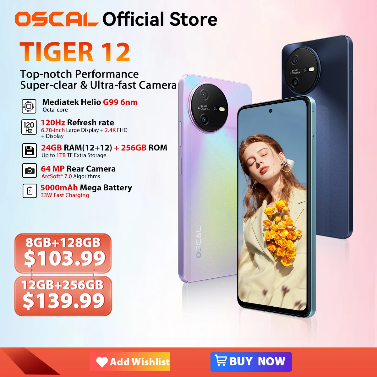 [العرض الأول في العالم] هاتف ذكي OSCAL TIGER 12 Android13 Helio G99 بشاشة 6.78 بوصة 120 هرتز 2.4K هاتف محمول 24 جيجابايت 256 جيجابايت 64 ميجابكسل