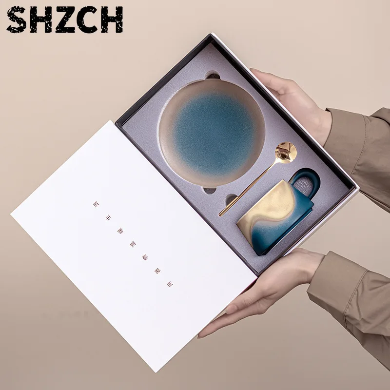 Premium Gift Box Porcelain Coffee Mug Set 8.2 Oz 240 ML with Saucer Spoon & Tray Nordic Style Marble Pattern Microwave Safe
