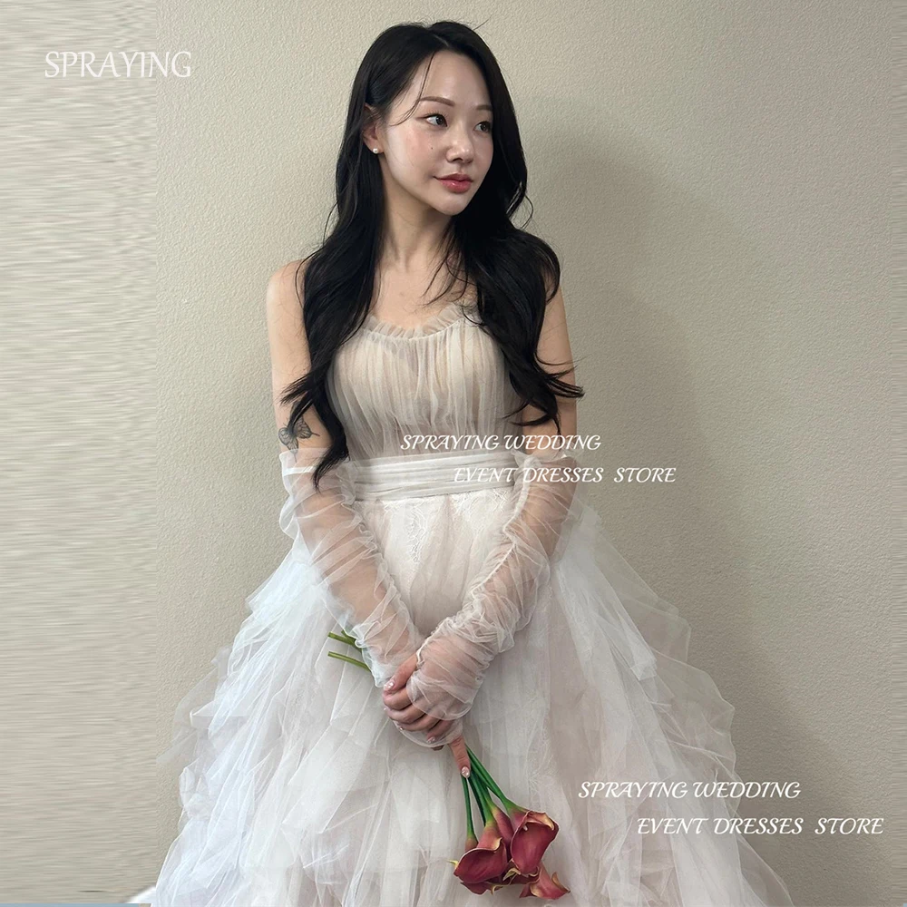 

SPRAYING A-line Korea Wedding Dresses 2024 Pleat Bridal Gown with Gloves Strapless Sweep Train Birthday Party Dress Photo Shoot