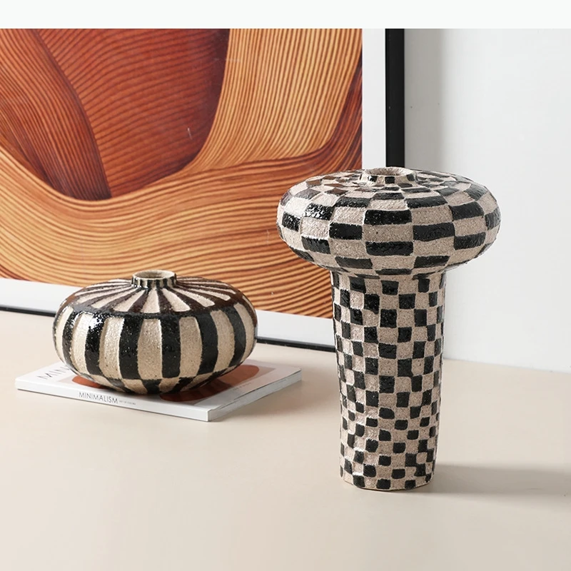 Ceramic Vase Geometric Check Rough Pottery Handicraft Flower Vase Floral Arrangement Accessories Home Decoration Terrarium