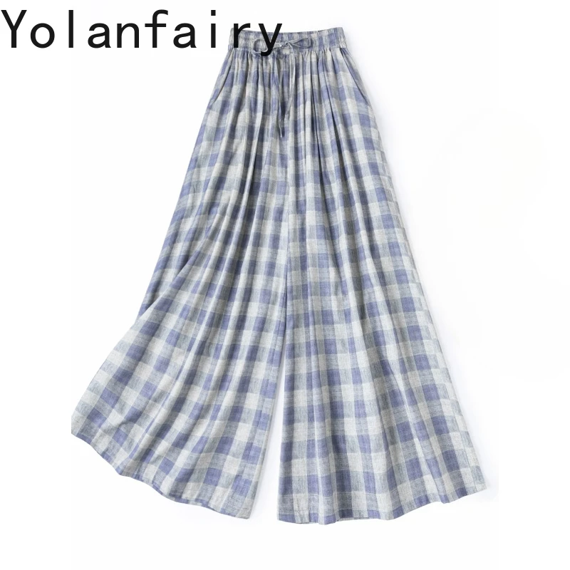 

YOLANFAIRY Женские брюки из 65% шелка тутового шелкопряда и 35% хлопка, коллекция 2026, винтажные клетчатые брюки с эластичным поясом, широкие штанины
