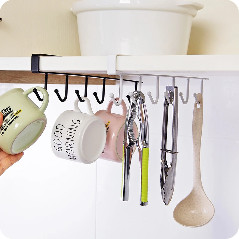 Universal 6 Hooks Cup Holder Hanging Bathroom Hanger Kitchen Organize Hooks Cabinet Shelf Removable Storage Rack Home Decor