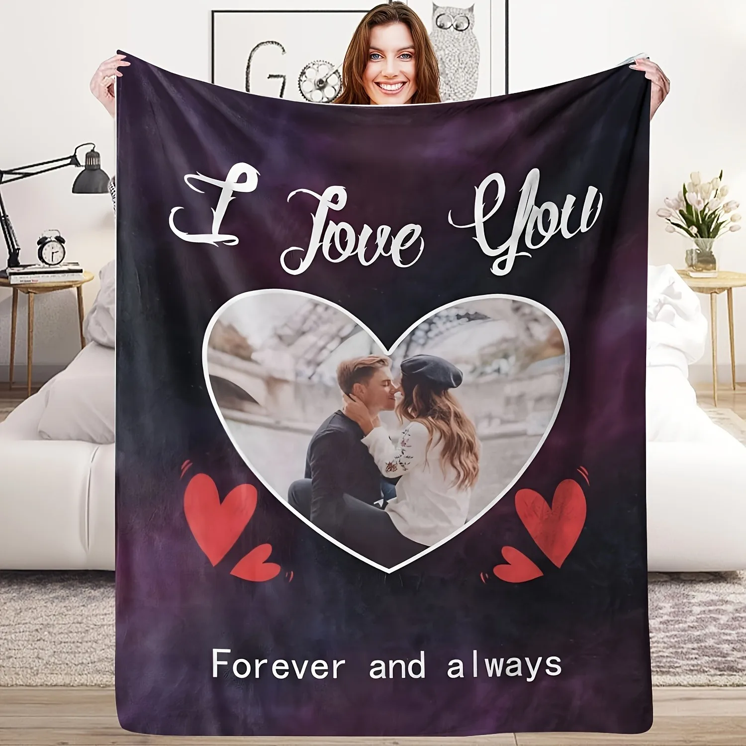 1Pc Custom Heart-Shaped Portrait Blanket, Forever Love Theme, Valentine's Day Gift Blanket, Collage Portrait Personalized Blanket, Custom Family Blanket with Pictures, Special Memory Keepsake, Birthday Gift
