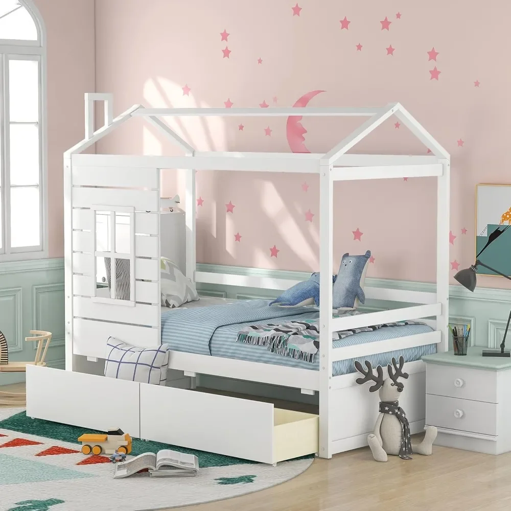 

Bed with Two Drawers, Window and Roof, Twin Size Wood Storage Bunk Bed Daybed Can be Decorated for Girls, Boys (White)