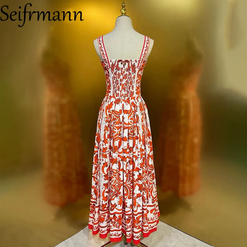 Seifrmann Casual printed cotton suspender dress square neck sleeveless waist long dress 2026 summer women's new style