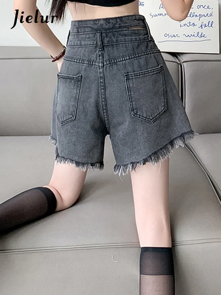 Jielur Summer New Korean Denim Shorts Woman Holes Slim Casual Chicly Women's Shorts Grey Ins High Waist Street Shorts Female