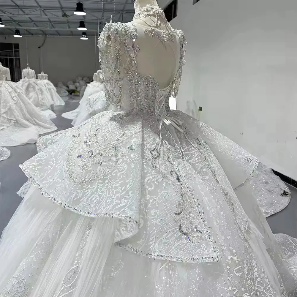 İnyaдебное плаokubе 2025 media manga cuello cuadrado rebordear vestido de bola de cristal vestido de novia vestido de novia largo de encaje con abertura en la espalda