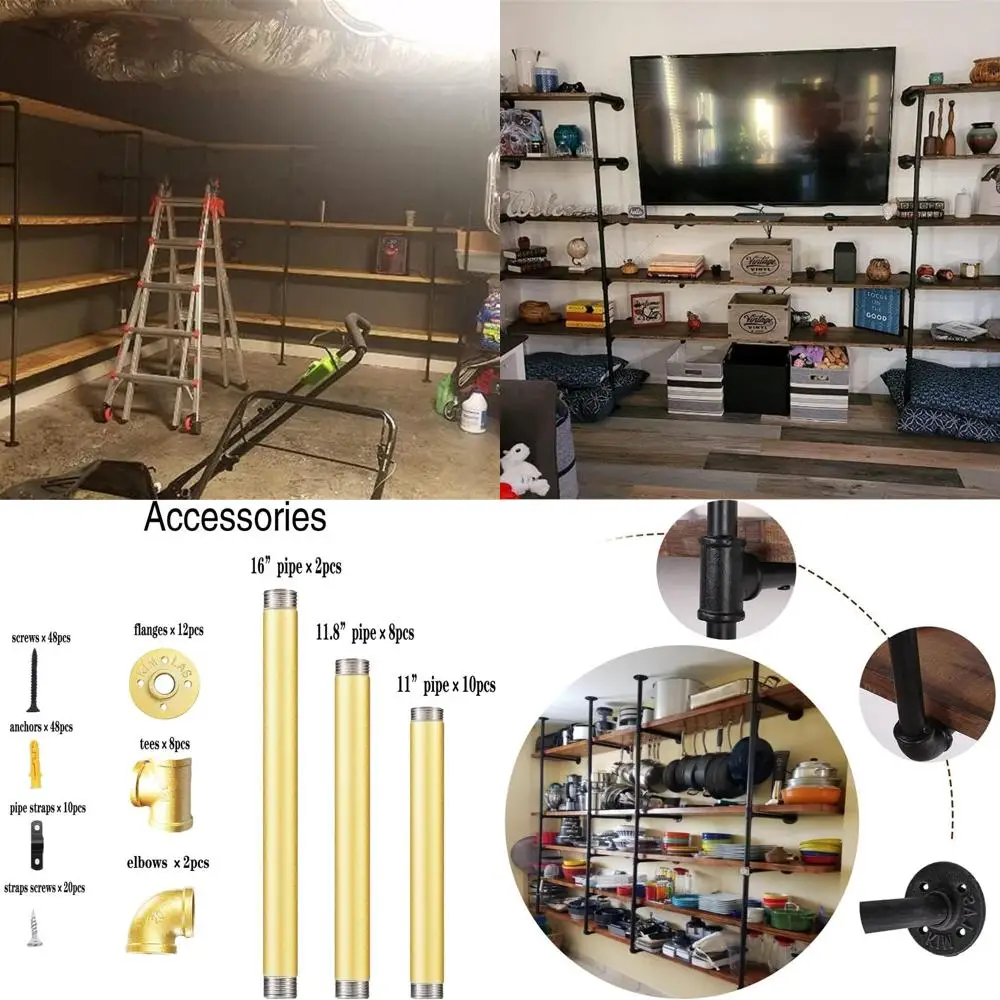 

Rustic Wall-Mounted Iron Pipe Shelving, 5-Tier Open Bookcase, Hanging Storage for Home, Kitchen, Bathroom, Living Room, Office (