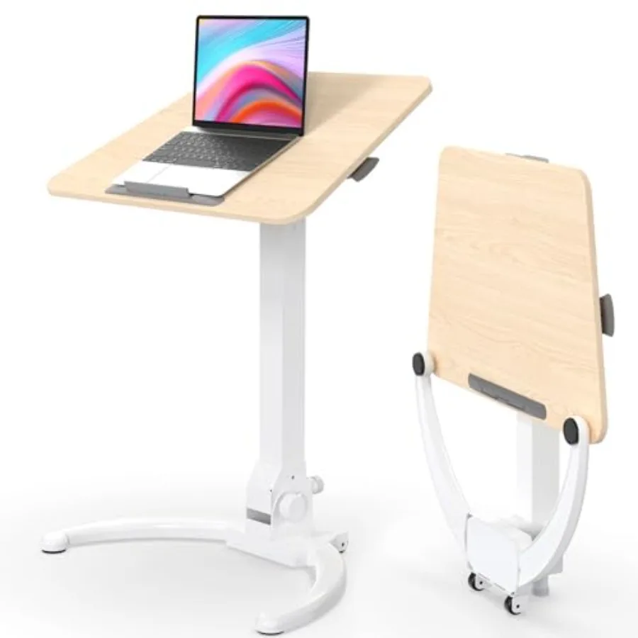 

Foldable Mobile Standing Desk Pneumatic Height Adjustable Sit Stand Desk 90 Tiltable Rolling Laptop Desk Portable Cart with Whe
