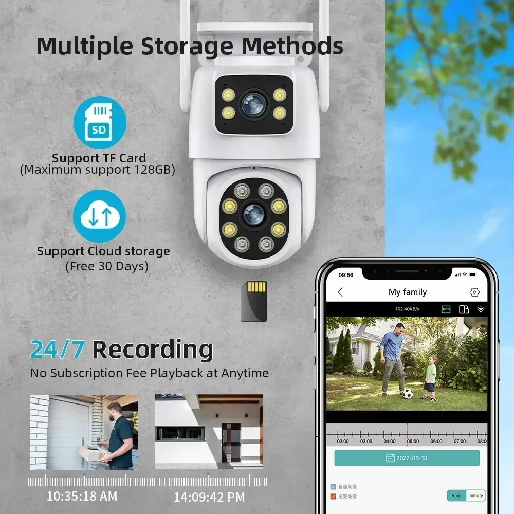 Videocamera di sicurezza esterna Wireless IP66 Surveilla Telecamera 4K 6MP Dual Lens PTZ Wifi con doppio schermo Ai Human Auto Tracking