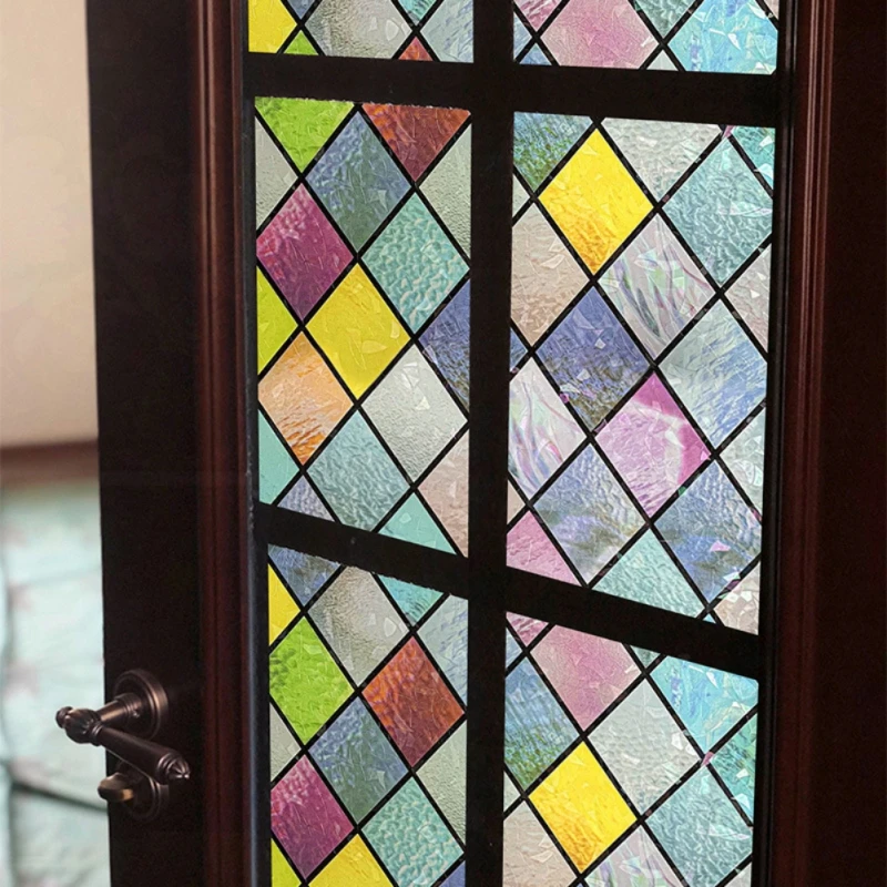 Stained Glass Window Film, Window Privacy Films, Colorful Lattice Window Tint, Rainbow Glass Decals Stickers for Home Anti UV