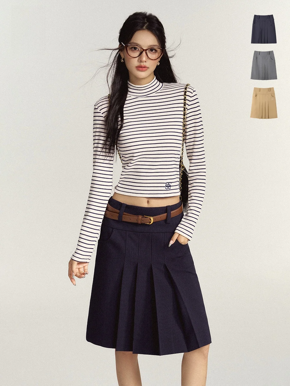

SereneEase American Retro Knee-Length High Waist Tee-Color Gingham Skirt Ele A-Line Design Cotton Blend Busin Casual...