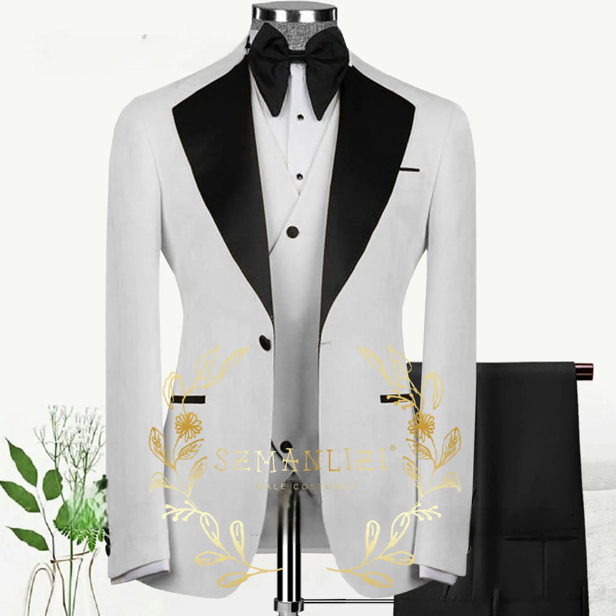 2024 Custom Made Wide Lapel Men Suits for Party Ivory 3 Pieces Costume Homme Fashion Men Wedding Tuxedos Groom Wear