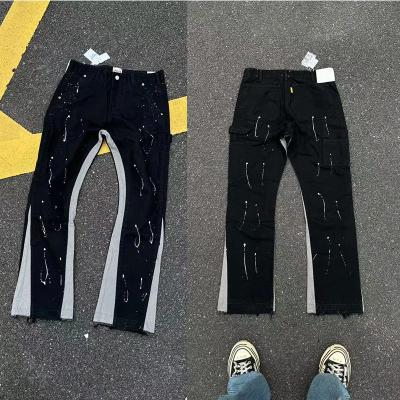 GALLERY Splatter-style Graffiti Micro-bell-shaped Patchwork Hole Casual Loose Fit Denim Pants Long Pants Trendy