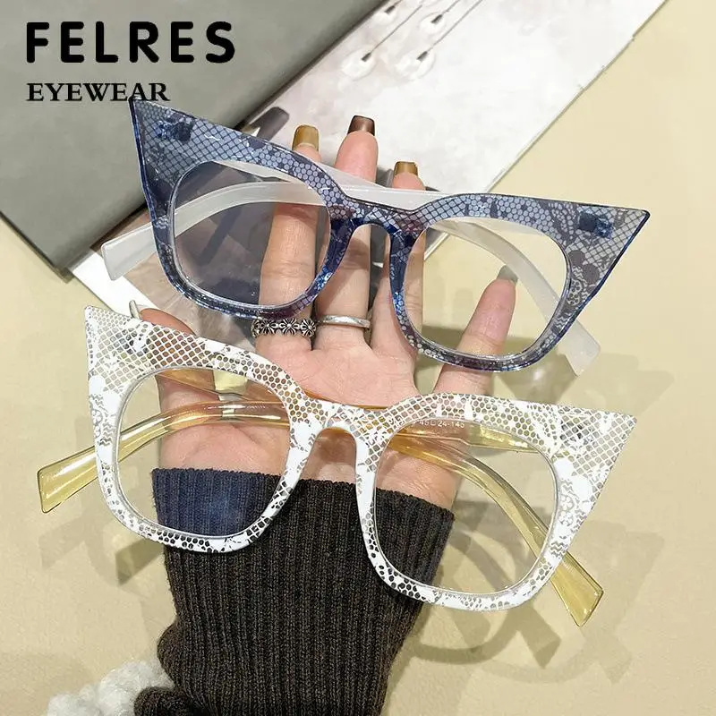 Fashion New Lattice Cat Eye Myopia Glasses Women Big Frame Classic Myopia Eyewear Anti Blue Light Prescription Glasses FELRES