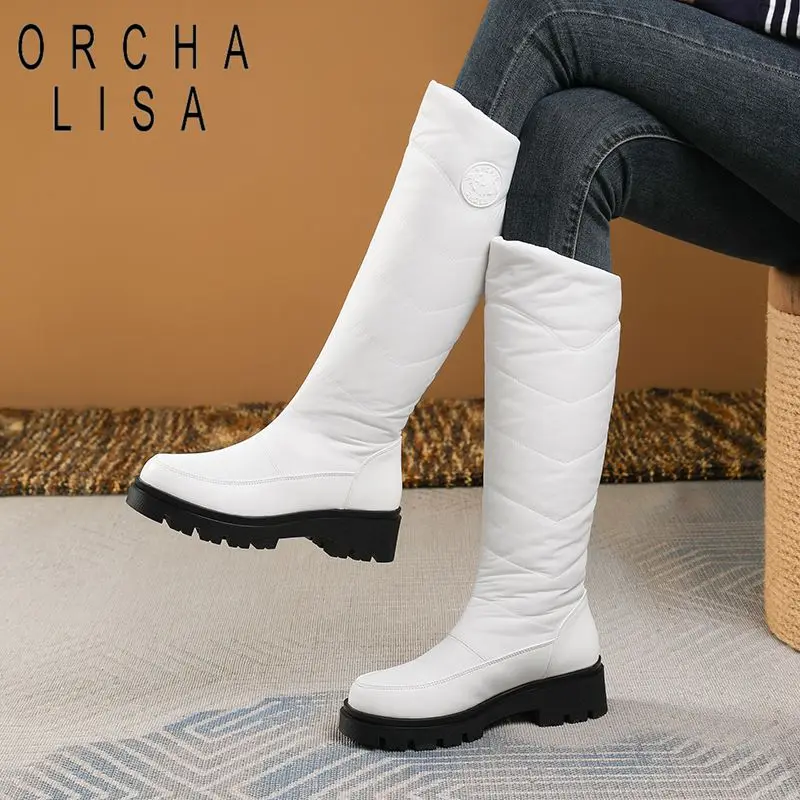 

ORCHA LISA Модные зимние ботинки с круглым носком 5 см на блочном каблуке без шнуровки Водонепроницаемые уличные сапоги до колена Bota Большой размер 42 43 Осень