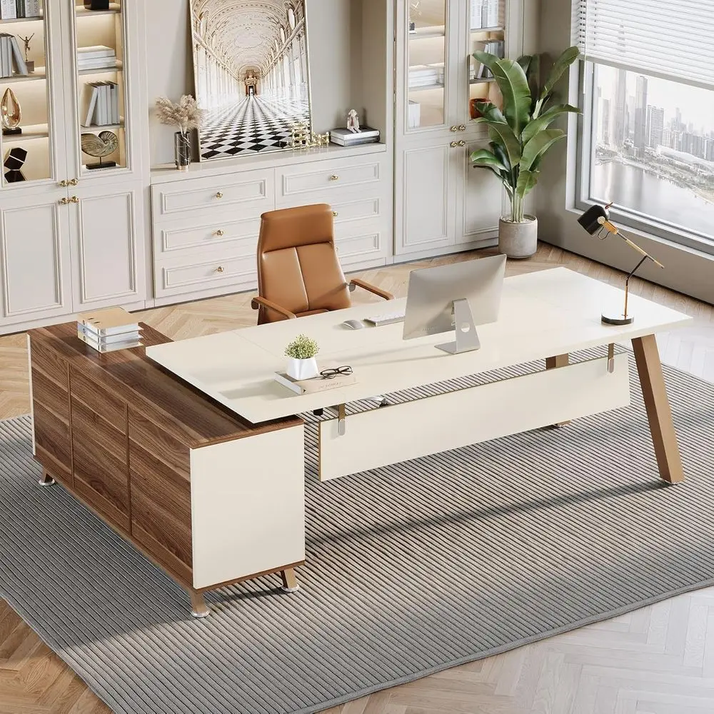 

Large L-Shaped Desk with Storage, 55 Cabinet, Walnut & White, Ideal for Home or Business Office