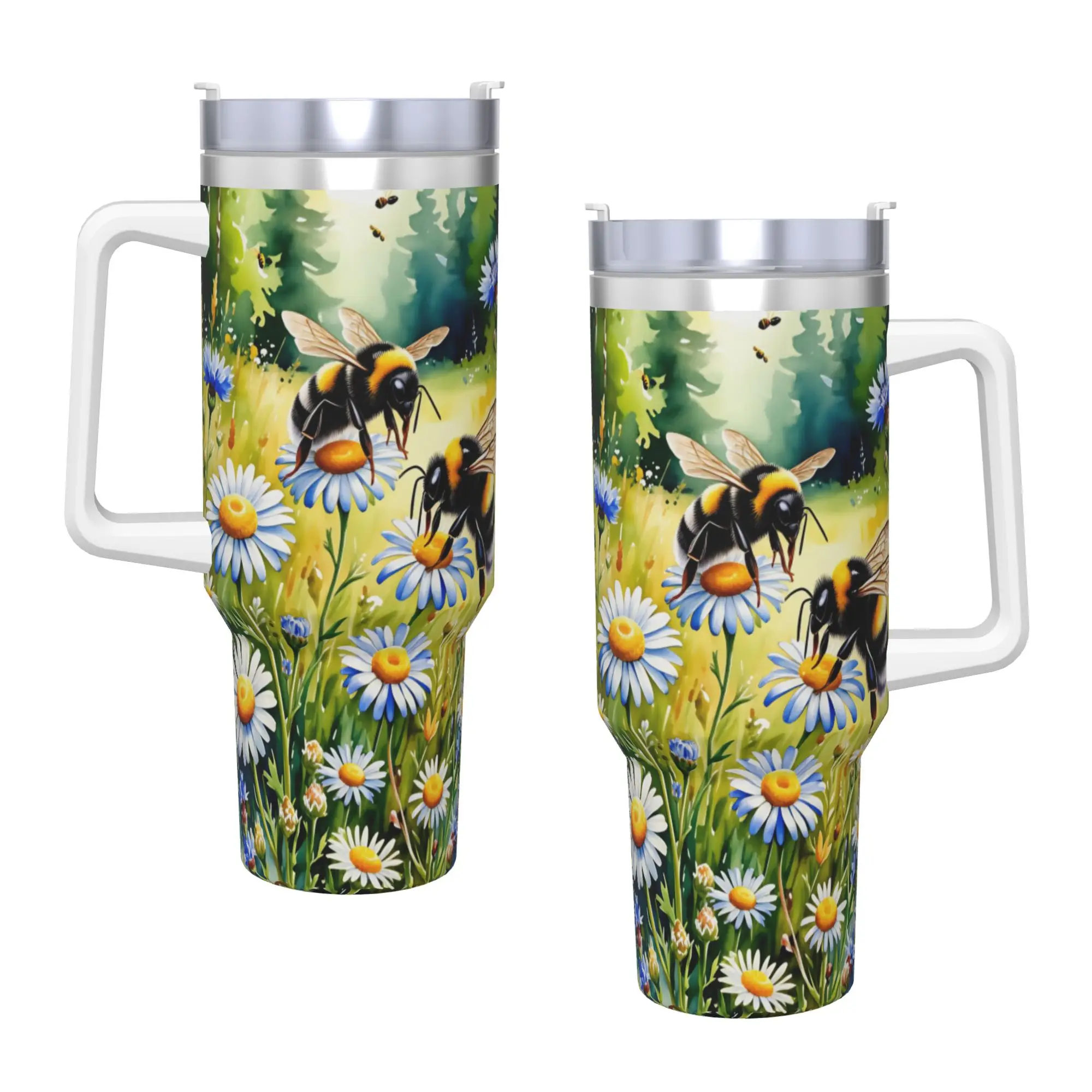 Bee and Flowers Tumbler  Cold Drink Water Bottle Leakproof Stainless Steel Thermal Mug Graphic Travel Car Mugs