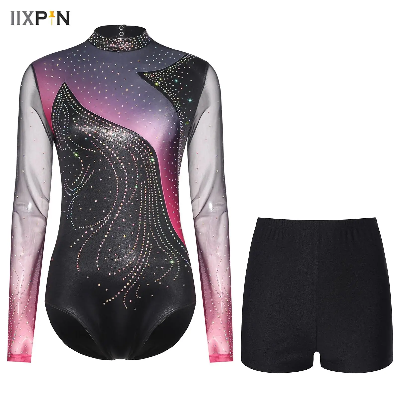 

Womens Figure Skating Outfit Rhinestone Long Sleeve Hollow Out Bodysuit+Shorts 2-piece Set for Latin Salsa Tango Dance Ballroom