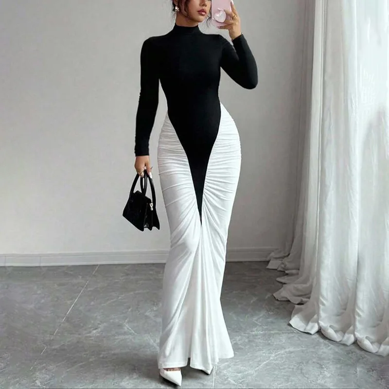 

Women Long Dress Sexy Patchwork Ruched Stretch Slim Maxi Long Dress 2025 Vacation Party Dresses Birthday Dresses Vestidos
