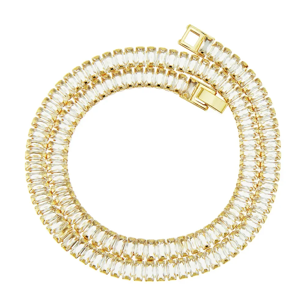 

7mm Square Baguette Tennis Chain Cuban Link Choker Necklace Gold Color Iced Out Full Paved Crystal Hip Hop Jewelry 18"