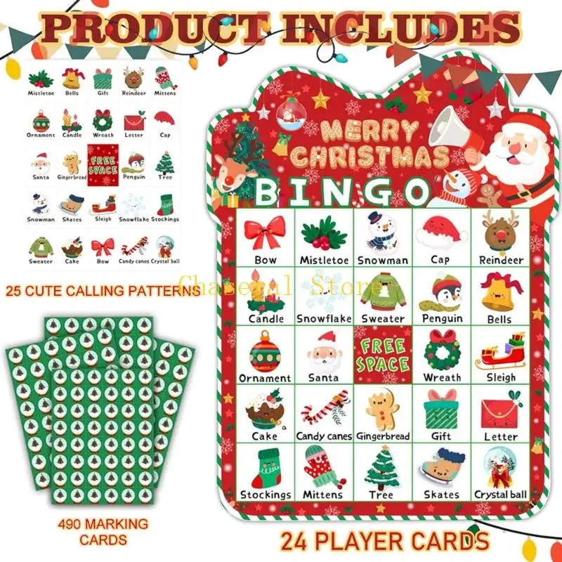 E7CE 24 Player Holiday Bingo Set 33 Pieces Cards Markers Party Game Activity