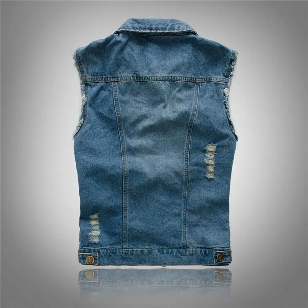 Men Vest Jacket Men's Hip Hop Streetwear Denim Vest Coat with Ripped Sleeves Single-breasted Pockets Lapel Detail for Summer