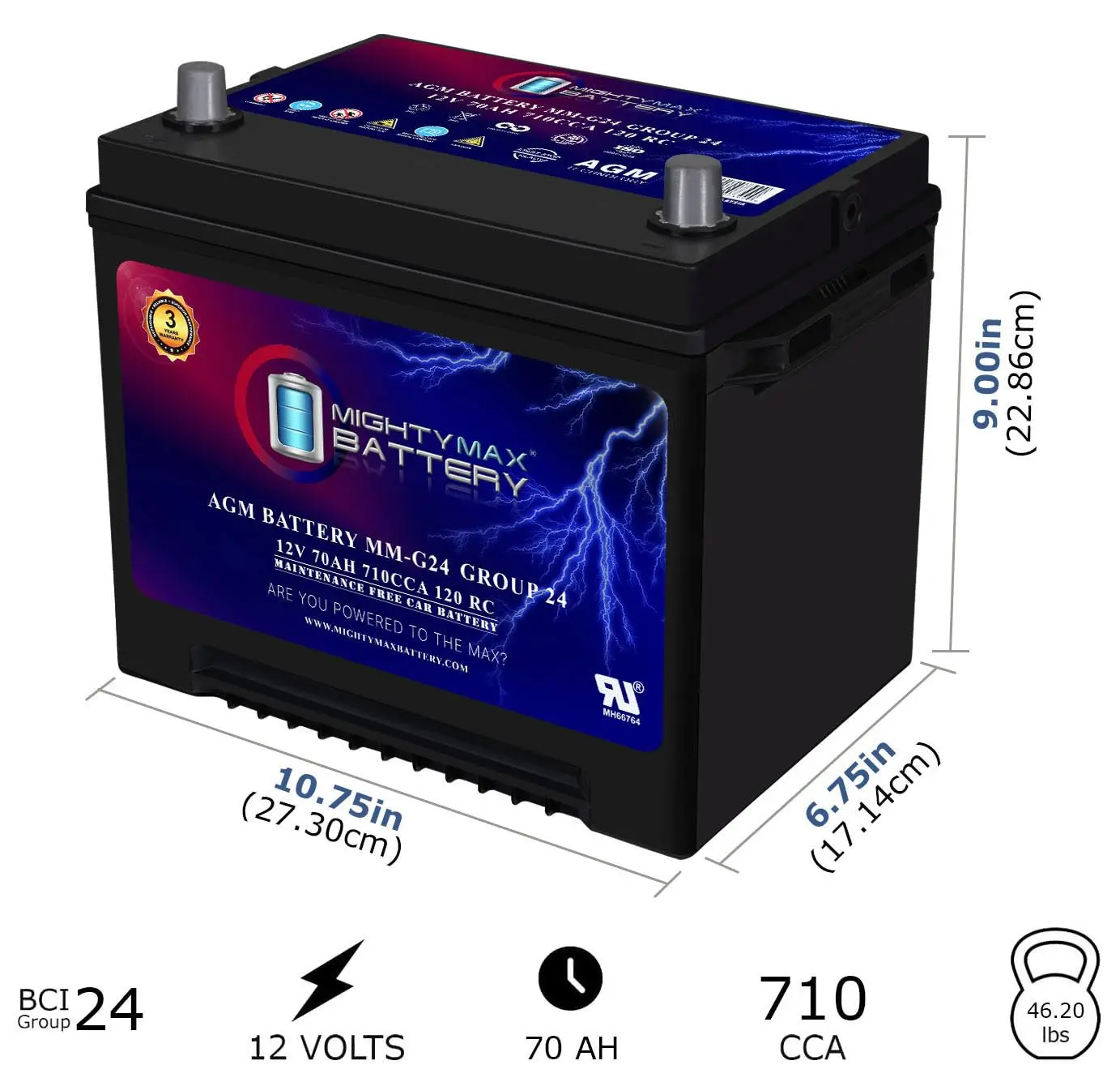 Group 24 12V 70Ah 710 CCA Car Battery Replacement for GMC K35/K3500 Pickup 6.5L 8 Cyl 69-70, Customized
