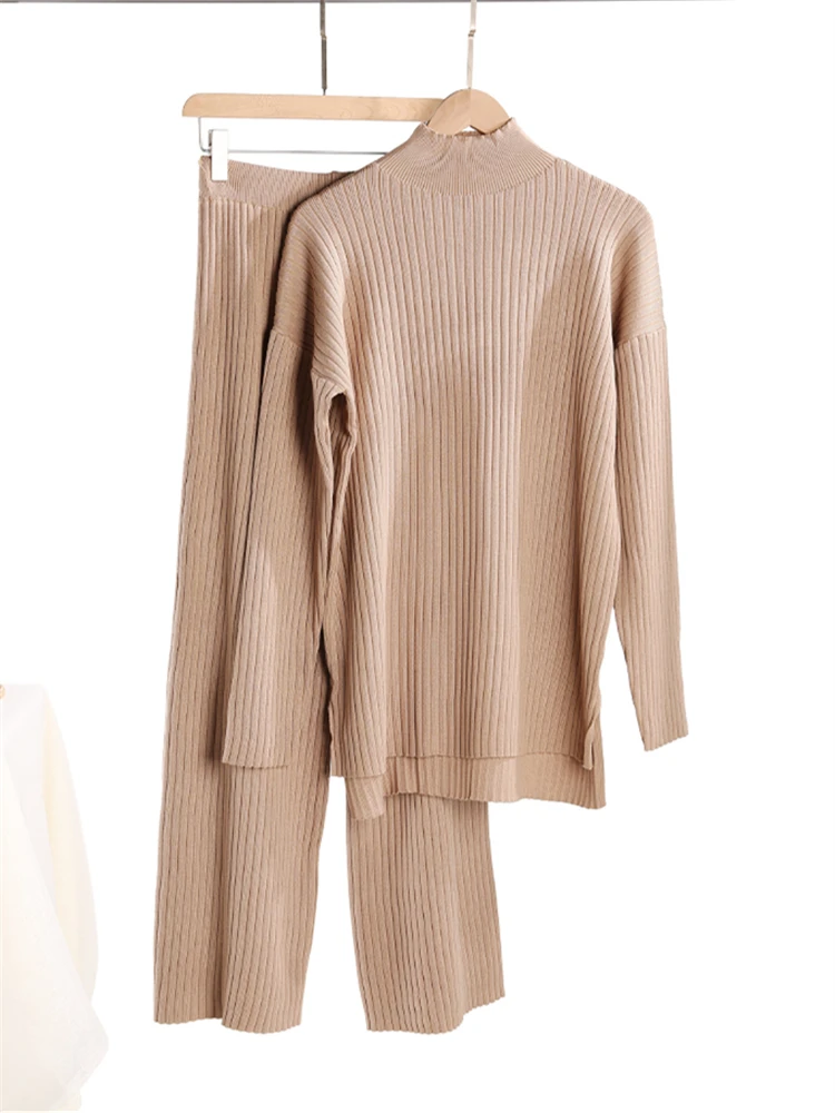 REALEFT Autumn Winter 2 Pieces Women\'s Outfit Sets Knitted Tracksuit Half Turtleneck Sweater and Wide Leg Jogging Pants Suits