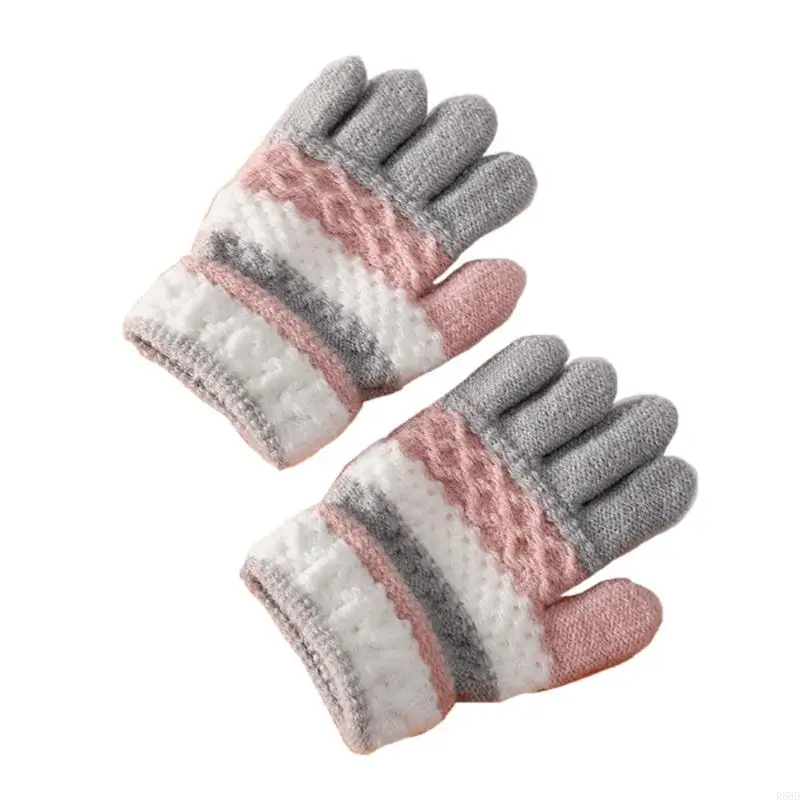 R66D 1 Pair Kids Winter Gloves Knitted Stripe Children Coldproof Warm Full Finger Gloves Boys Girls Mittens