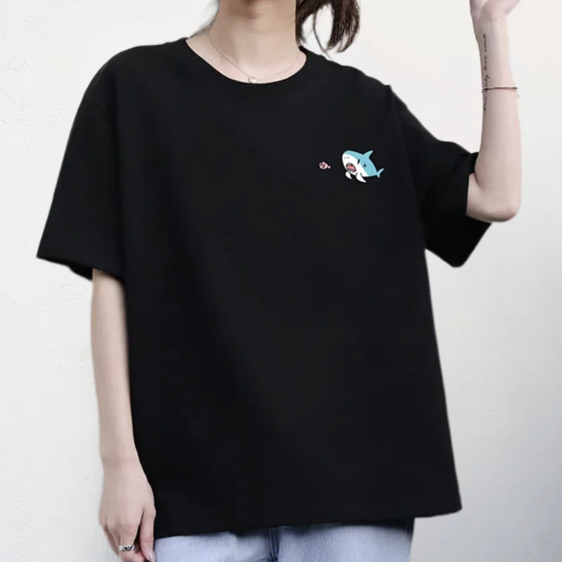 

2025 cotton white short-sleeved T-shirt female Korean version of loose round neck casual fashion little dolphin printed short sl