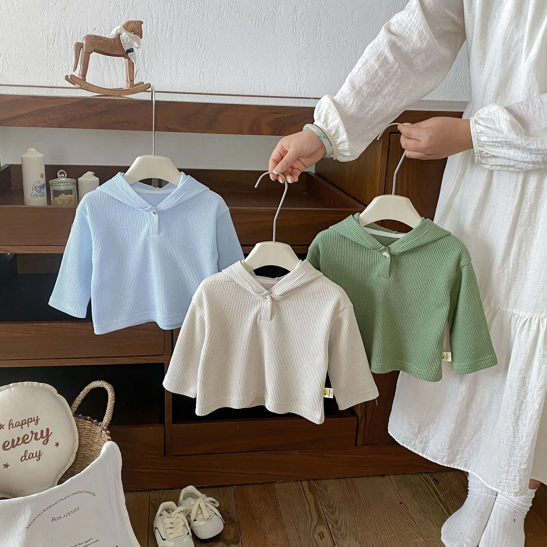 2026 Autumn New Baby Long Sleeve Hooded Sweatshirt Solid Boys Girls Waffle Hoodie Toddler Casual T Shirts Kids Clothes