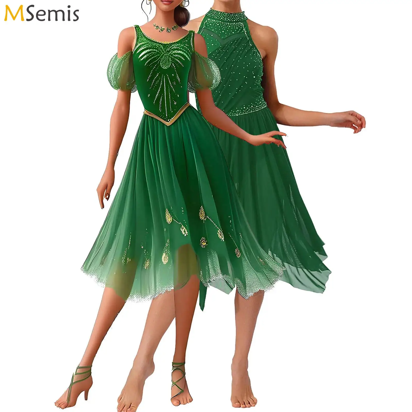 

Женское балетное платье со стразами, современное лирическое танцевальное платье с лямкой на шее, нерегулярная сетка, оборки, бальные коньки, вальс, танцевальная одежда для выступлений