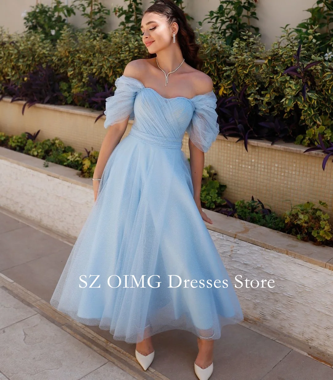 

Colavis 2024 New Women's Maxi Tulle Off the Shoulder A-Line Evening Party Dress Glitter Sky Blue Ruched Prom Dress Gowns