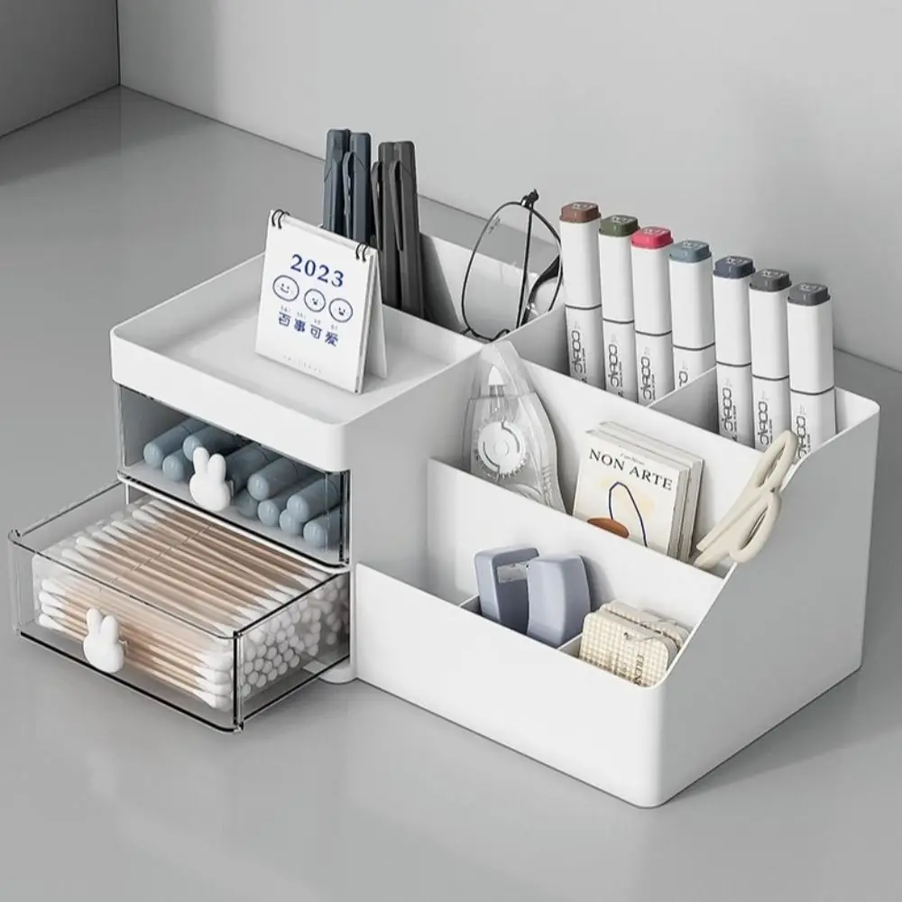 

10 Compartments Desktop Stationery Storage Box Cute Bunny 2 Drawers Makeup Storage Case Decorative Large Capacity