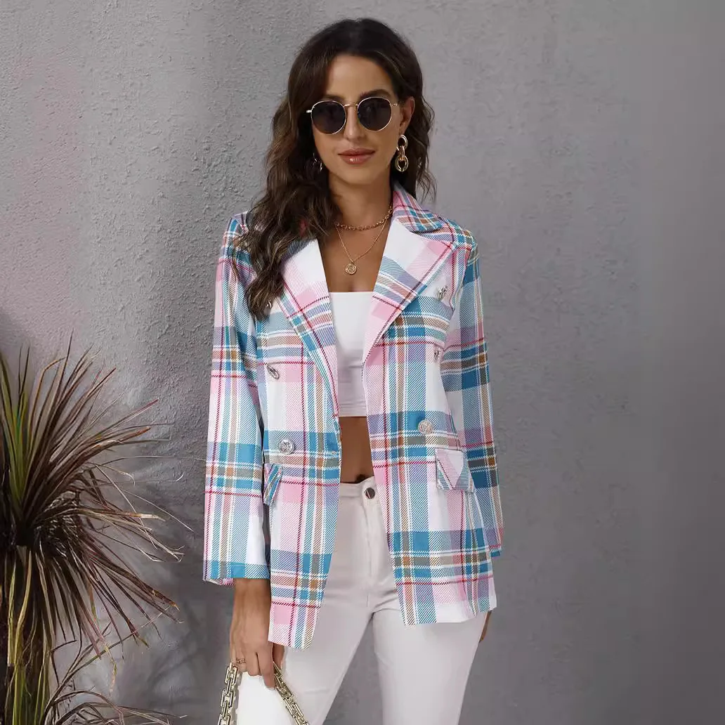 Nuove donne di alta qualità autunno nuova europa e stati uniti colore plaid stampato giacca a maniche lunghe abbigliamento donna